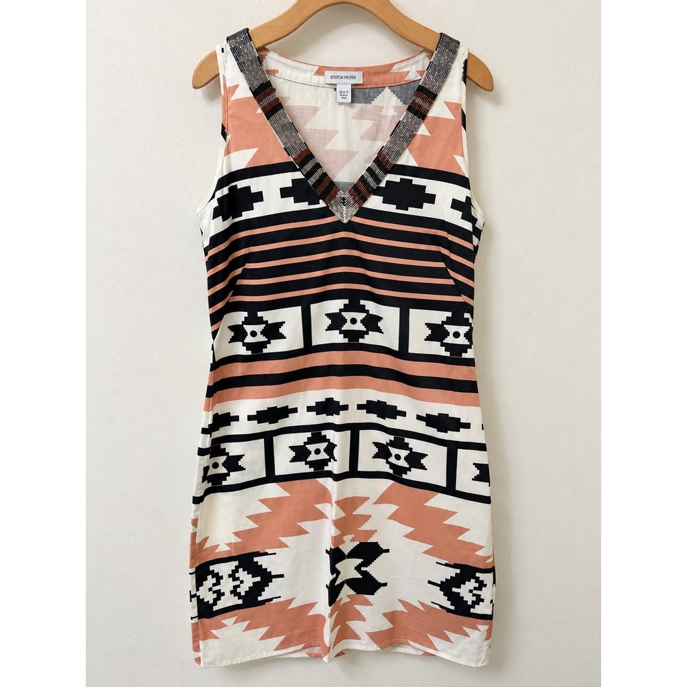 Boston Proper Womens Beaded V-Neck Geometric Southwestern Shift Dress Size 8